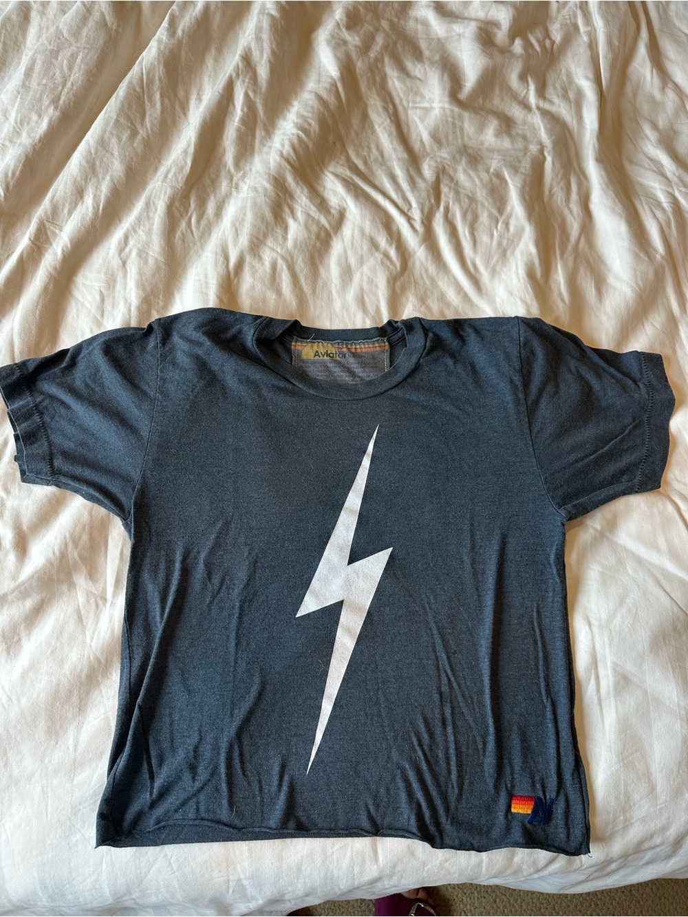 Aviator Nation Women’s Boyfriend Tee with White Lightning Bolt, size S